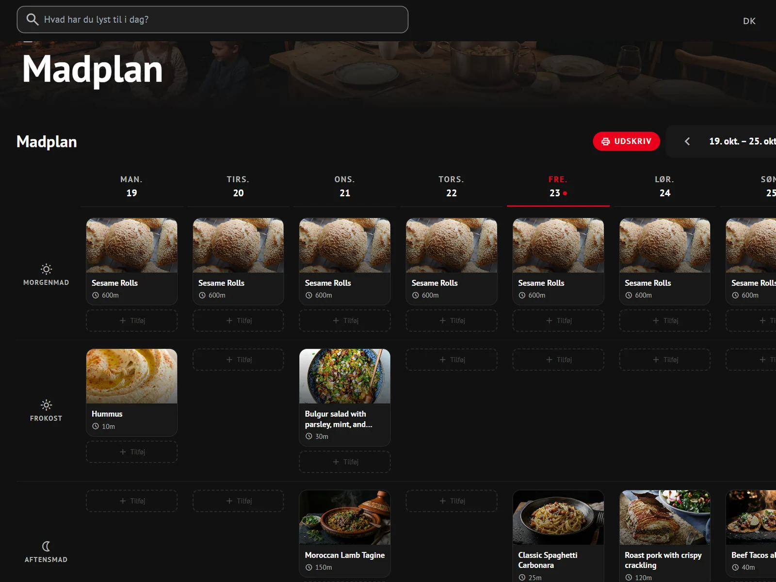 Cooktool Recipes – weekly meal plan