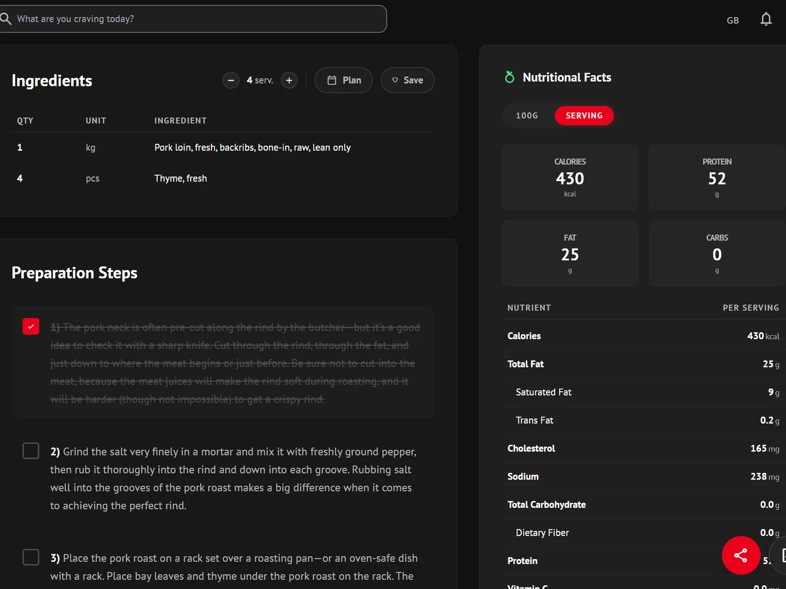 Cooktool Recipes – ingredients and nutritional facts