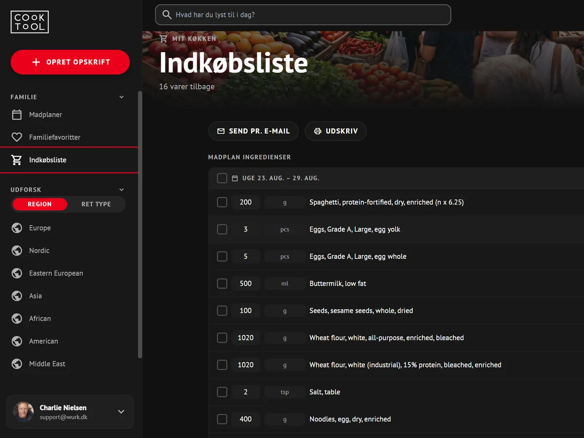 Cooktool Recipes – shopping list from the meal plan