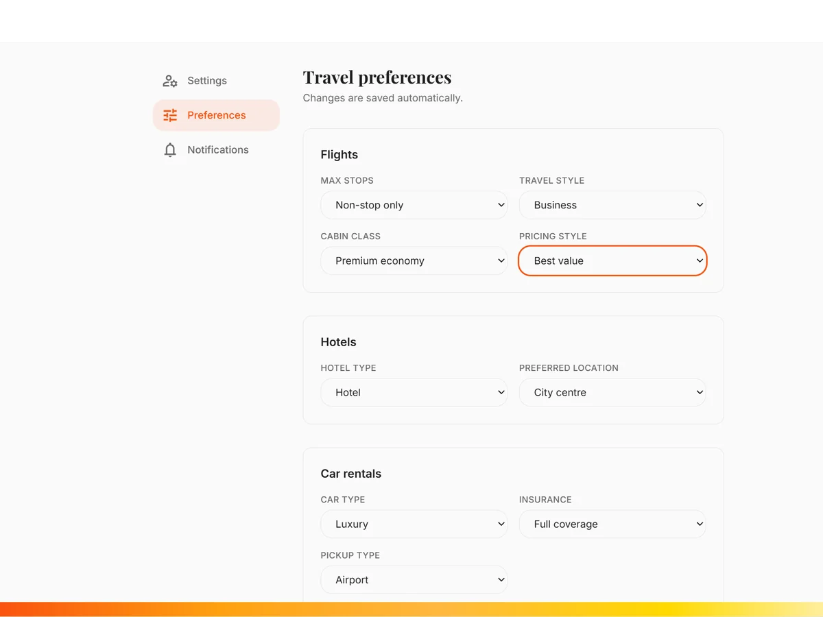 Avolo – personal travel preferences