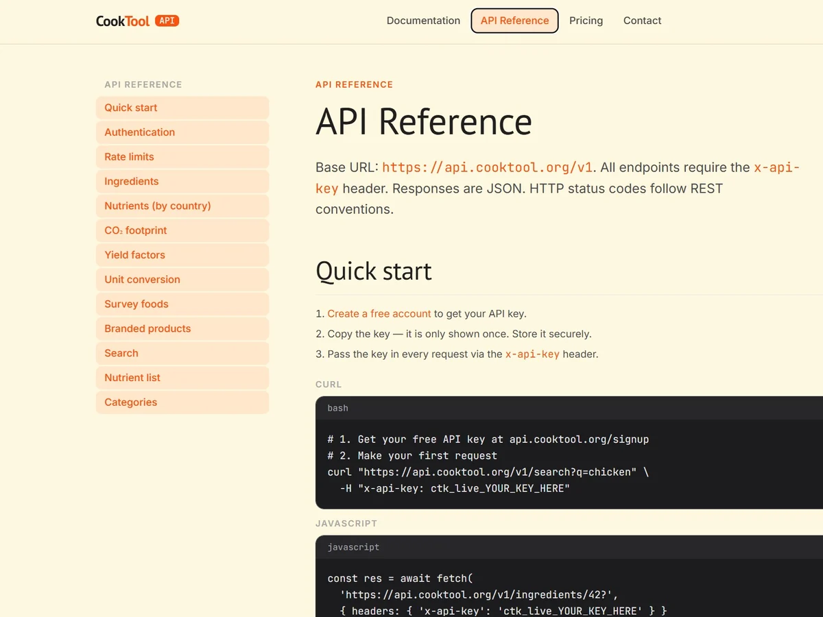 Cooktool API – API reference and quick start