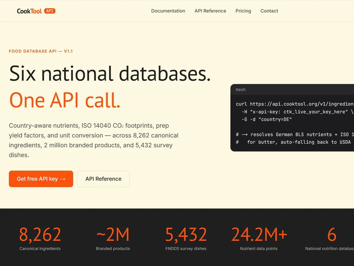 Cooktool API – front page with a request example